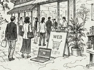 店舗に集まる人々とWebの案内を描いた墨絵