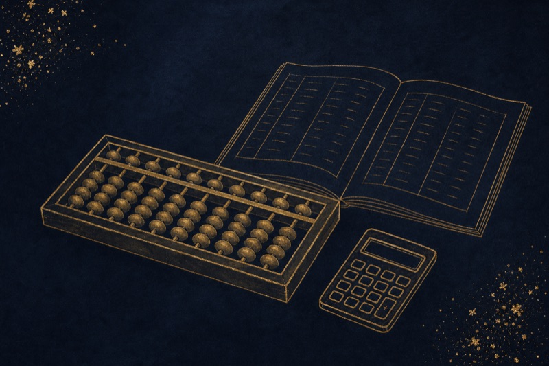 固定費最適化|そろばんと帳簿と電卓の金の線画